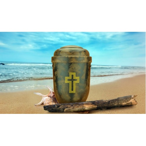 Biodegradable Cremation Ashes Funeral Urn / Casket - NATURAL WOOD EFFECT with GOLD CROSS